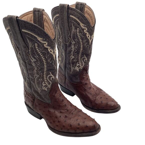 Men's Brown Ostrich Skin Western Boots Square Toe Mid-Calf - Picture 1 of 11
